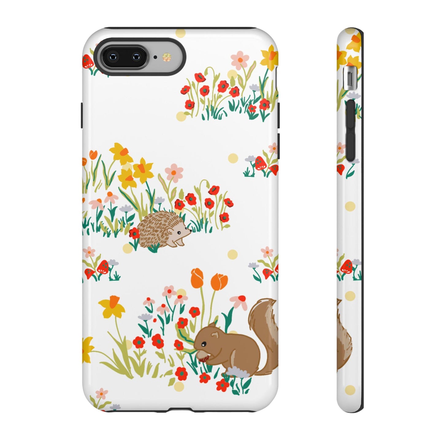 Phone Case, Rustic Woodland Animal Pattern Tough Case for iPhone, Matte or Glossy Finish, Hedgehog Squirrel Wildflower, Protective Cover,