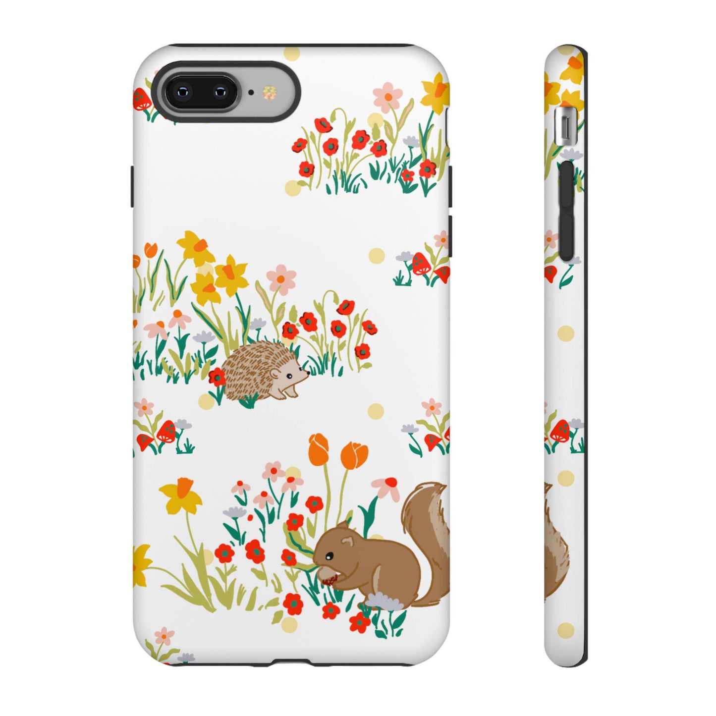 Phone Case, Rustic Woodland Animal Pattern Tough Case for iPhone, Matte or Glossy Finish, Hedgehog Squirrel Wildflower, Protective Cover,