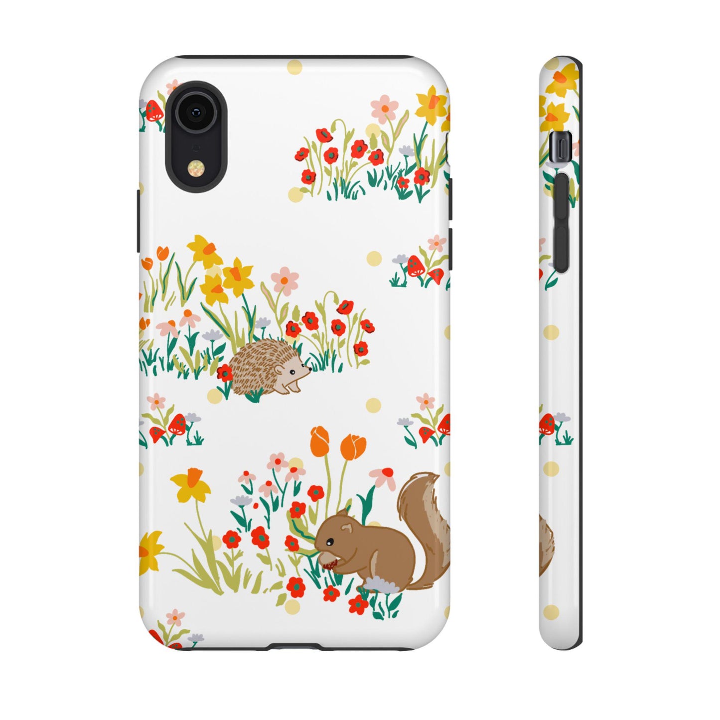 Phone Case, Rustic Woodland Animal Pattern Tough Case for iPhone, Matte or Glossy Finish, Hedgehog Squirrel Wildflower, Protective Cover,