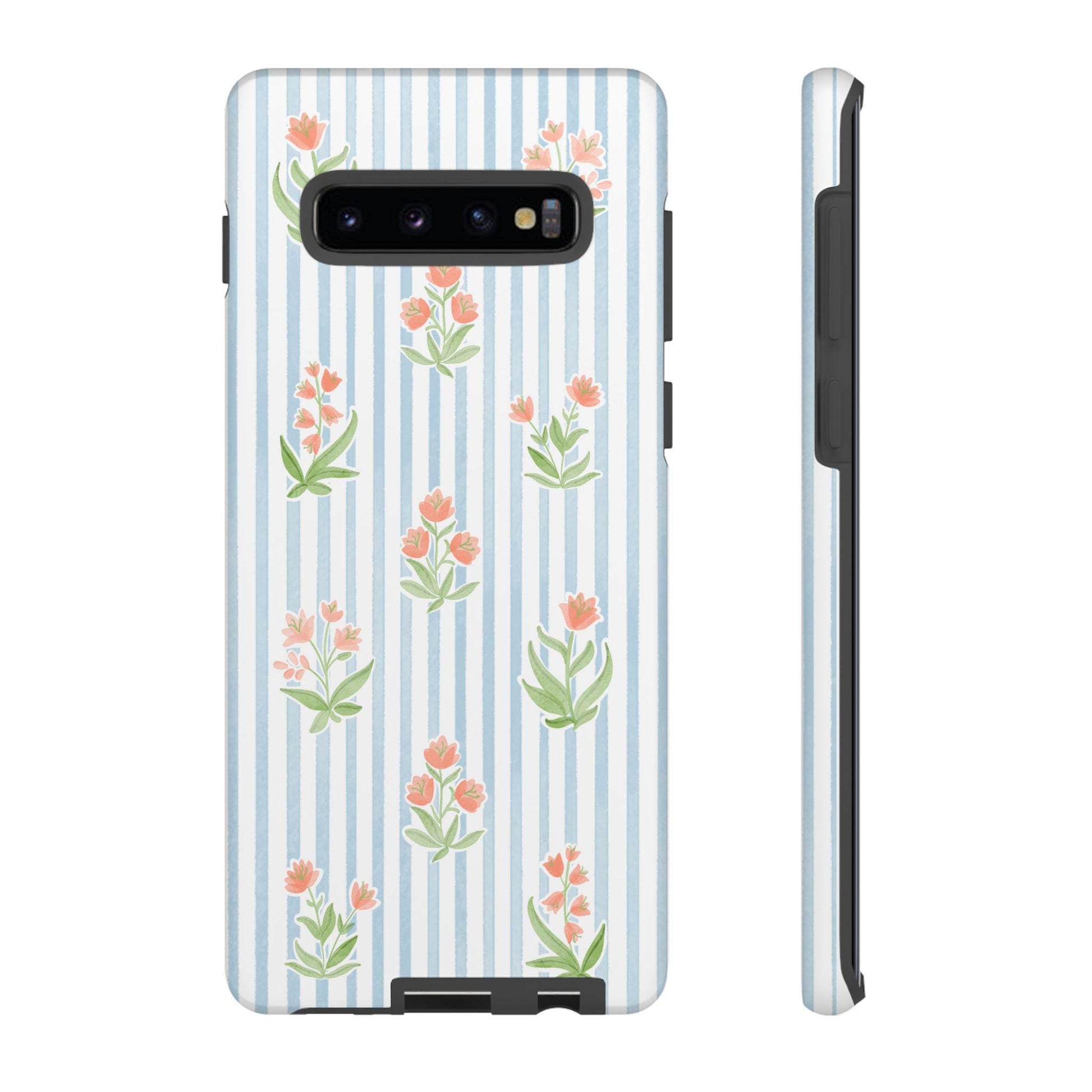 Phone Case, Floral Android Cover, Colorful Flowers on Pale Blue Watercolor Stripes, Tough Protective Case, Gift for Her, Floral Phone