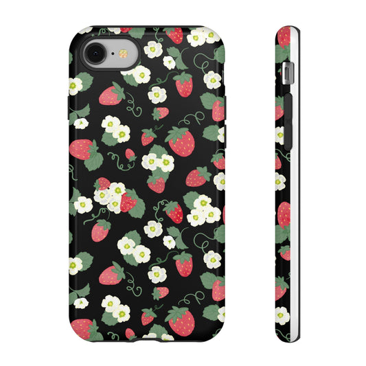 iPhone Case, Watercolor Strawberries and Blossoms, Floral Tough Case, Protective Phone Cover, Gift for Her, Black Phone Case