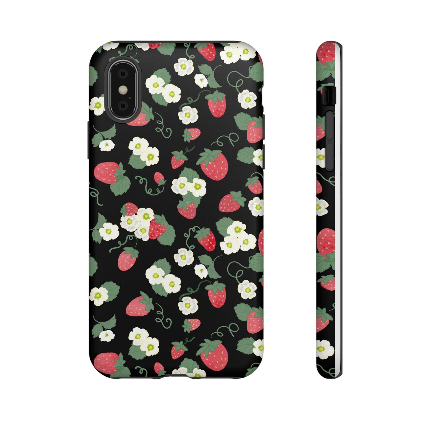 iPhone Case, Watercolor Strawberries and Blossoms, Floral Tough Case, Protective Phone Cover, Gift for Her, Black Phone Case