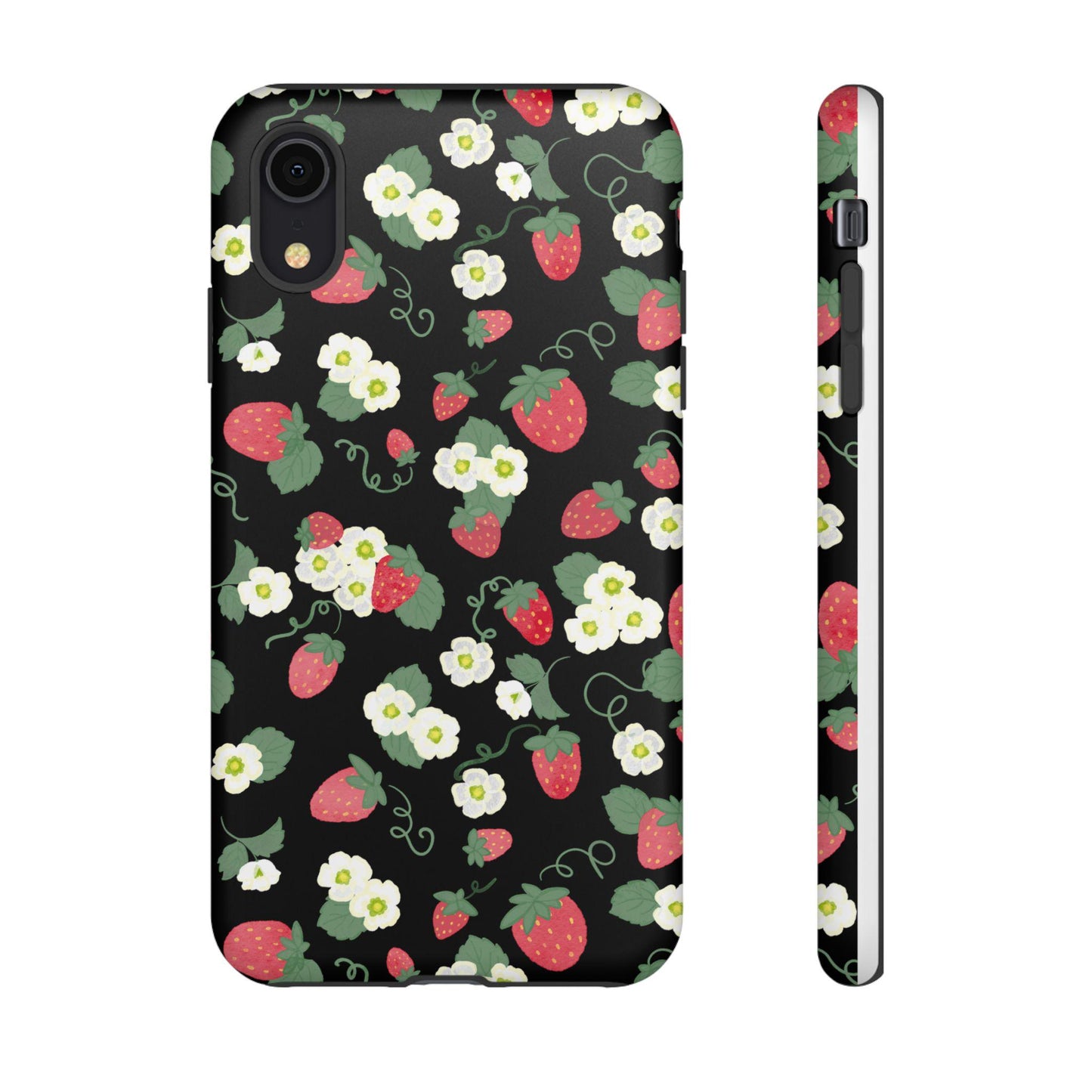 iPhone Case, Watercolor Strawberries and Blossoms, Floral Tough Case, Protective Phone Cover, Gift for Her, Black Phone Case