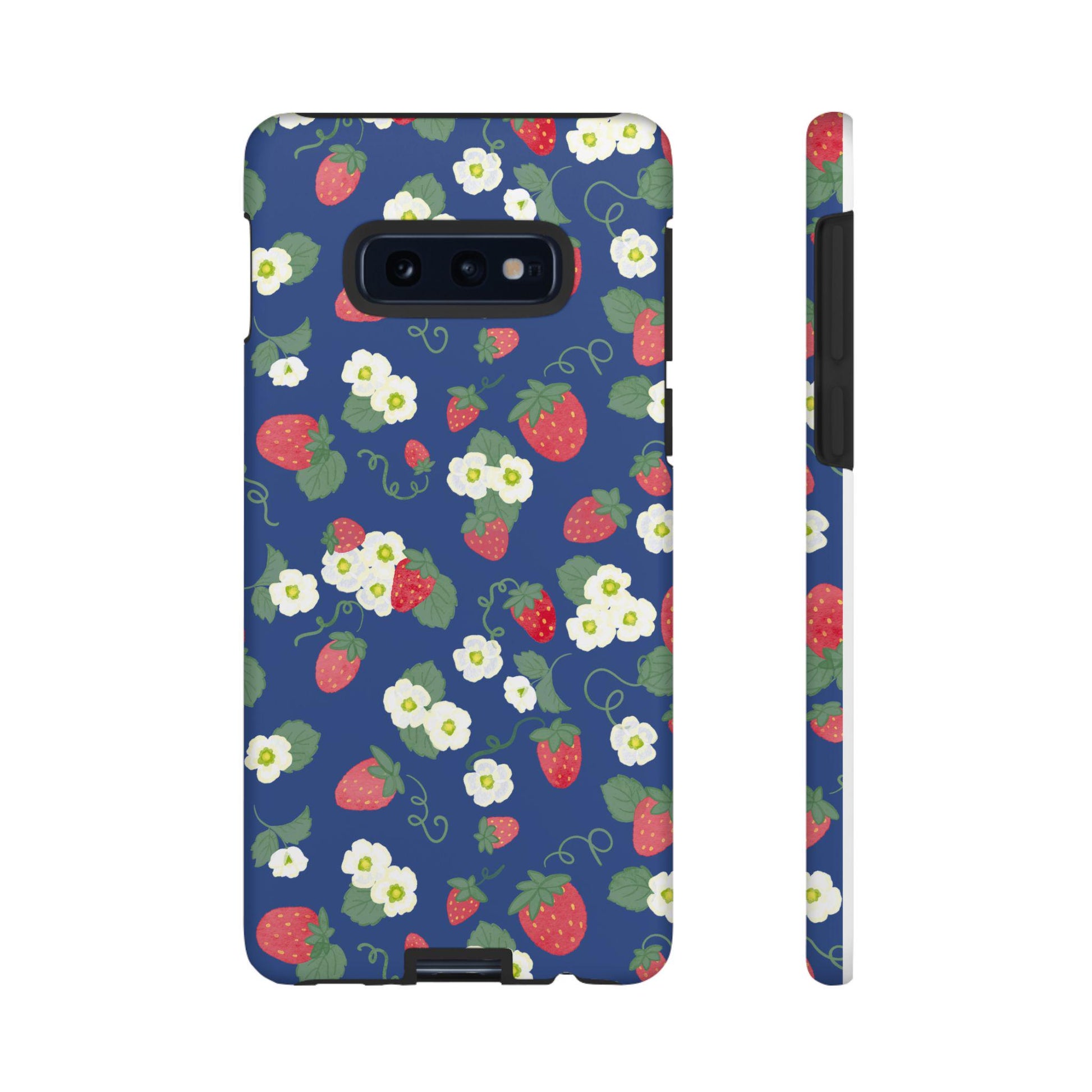 Android Tough Case, Watercolor Strawberries and Blossoms, Preppy Phone Cover, Protective Phone Case, Floral Cellphone Case, Black Background