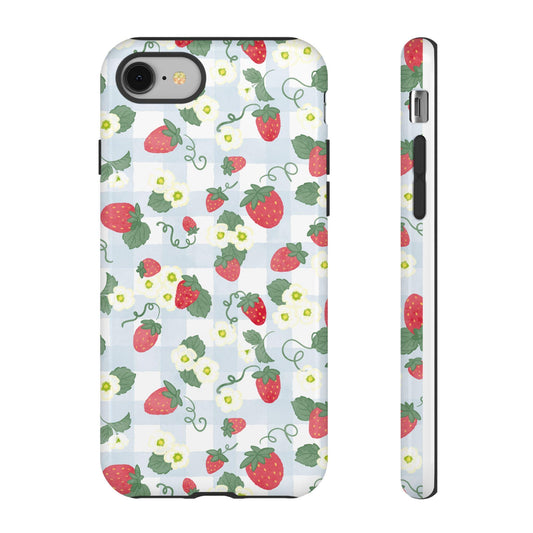 Phone Case, Cottagecore iPhone Case with Watercolor Strawberries and Blossoms, Protective Tough Cases, Floral Phone Cover, Blue Gingham