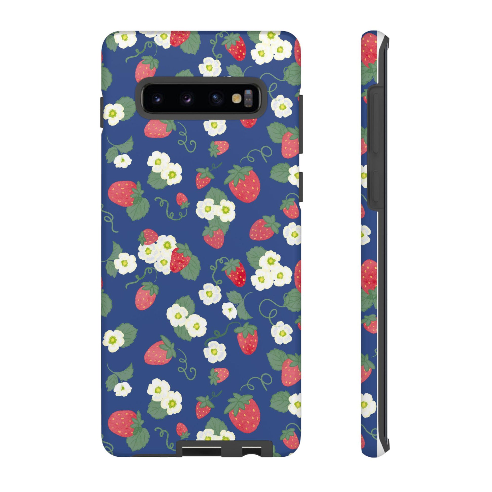 Android Tough Case, Watercolor Strawberries and Blossoms, Preppy Phone Cover, Protective Phone Case, Floral Cellphone Case, Black Background