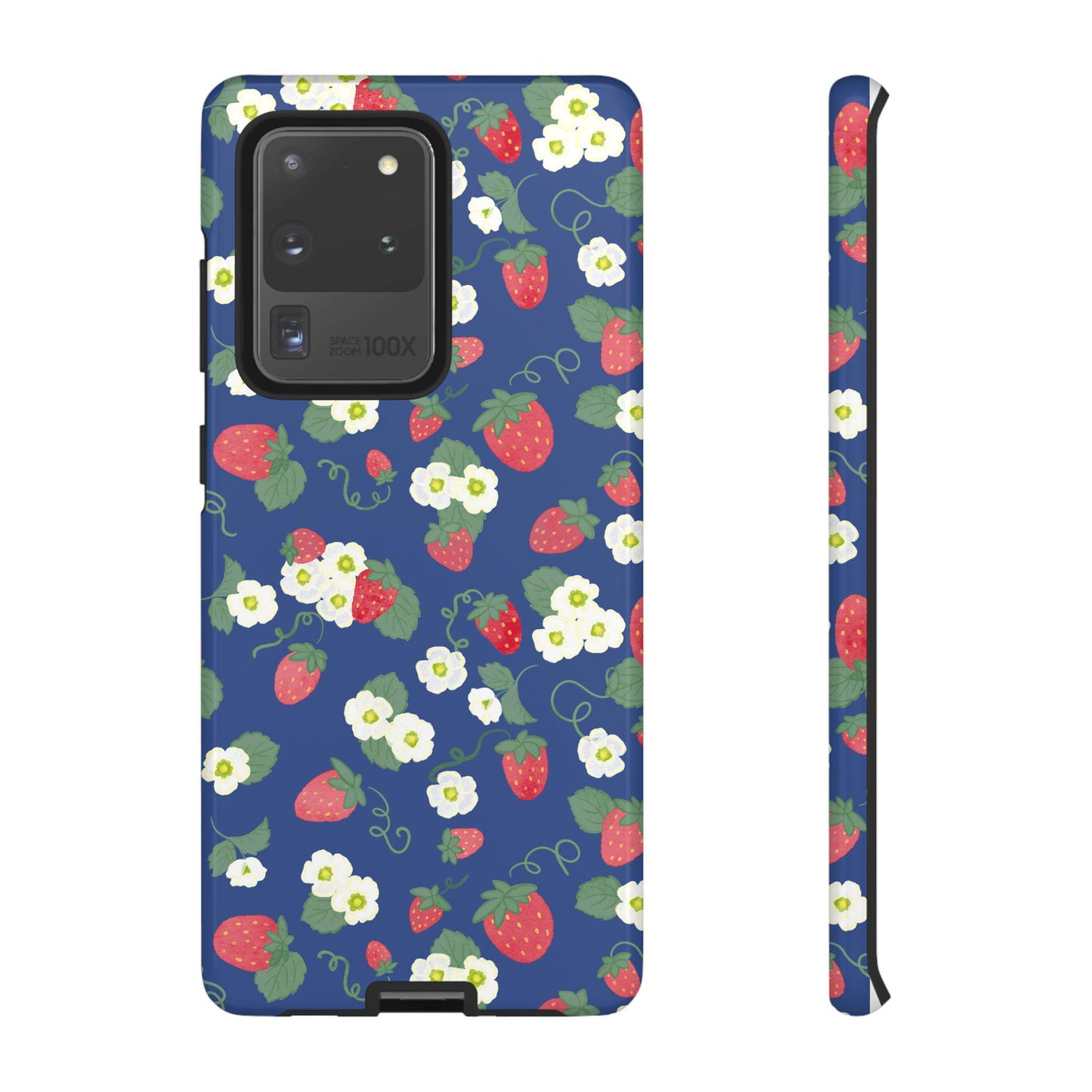 Android Tough Case, Watercolor Strawberries and Blossoms, Preppy Phone Cover, Protective Phone Case, Floral Cellphone Case, Black Background